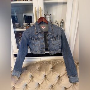 Nikibiki Crop jean jacket, size small some missing stones in the back.